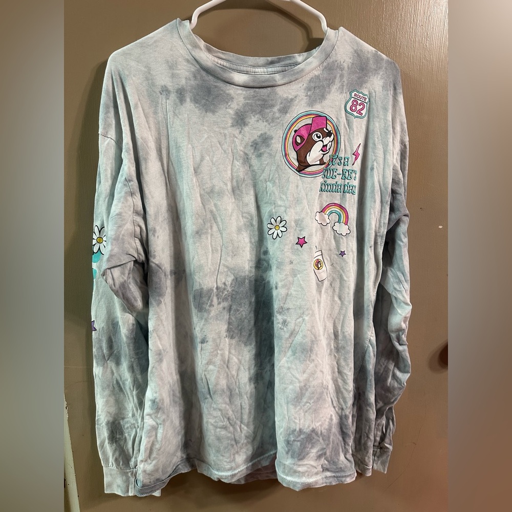 Bucees Blue and Gray Long Sleeve Tie-Dye Top